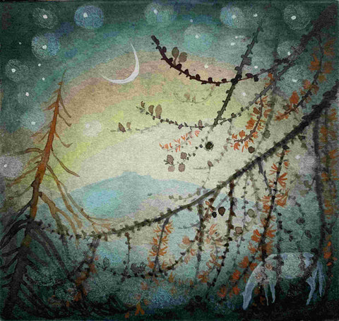 Flora McLachlan 'Embroidery' ink and watercolour 9x10cm