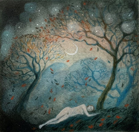 Flora McLachlan 'A leafy bed' ink and watercolour 9x10cm