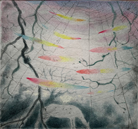 Flora McLachlan 'Rising Sun and Cobweb Rainbows' watercolour, ink, pastel