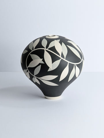 Georgie Gardiner 'Black, Grey and White Leaf Vessel' ceramic H18xD17cm