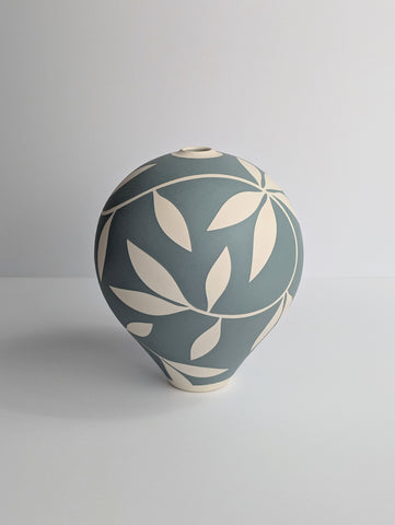 Georgie Gardiner 'Blue-grey and White Leaf Vessel' ceramic H19xW15.5cm