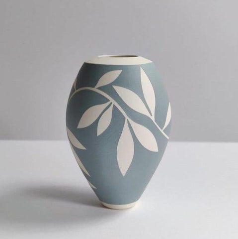 Georgie Gardiner 'Blue, grey and white leaf vase' ceramic H19cm x W12cm