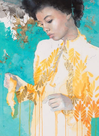 Louisa Tebbutt 'Girl with the floral print' mixed media 82.5x82.5cm (framed)