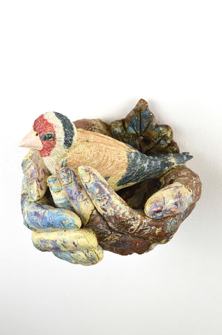 Helen Nottage 'A Bird in the Hand, Goldfinch' ceramic H11xW12xD12cm