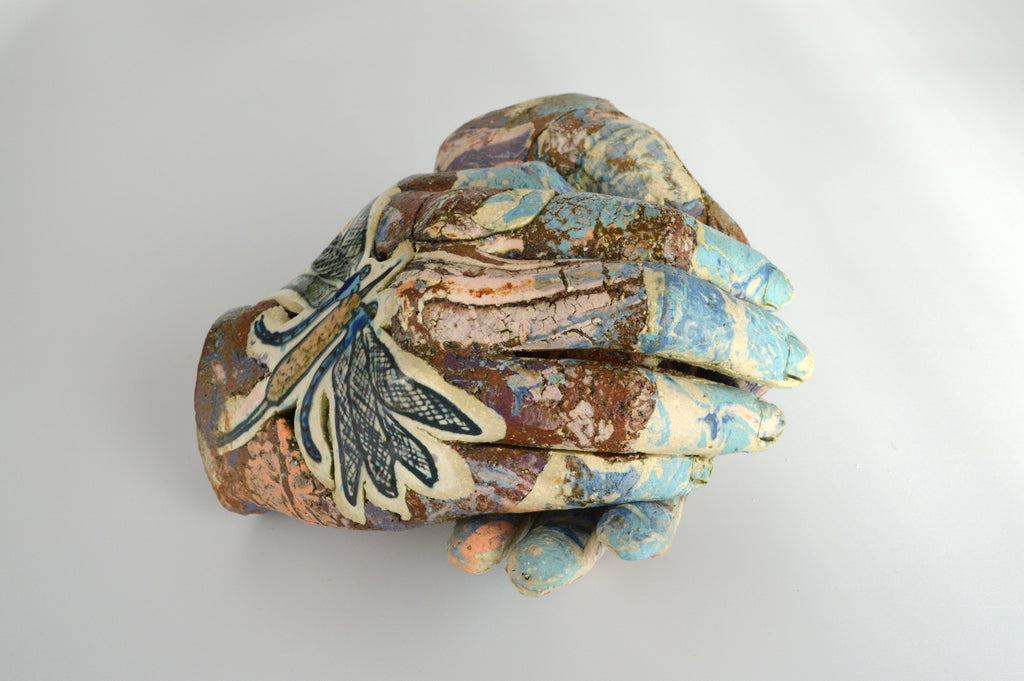 Helen Nottage 'Dragonfly and Snail Print Hands' ceramic 8x16x16cm