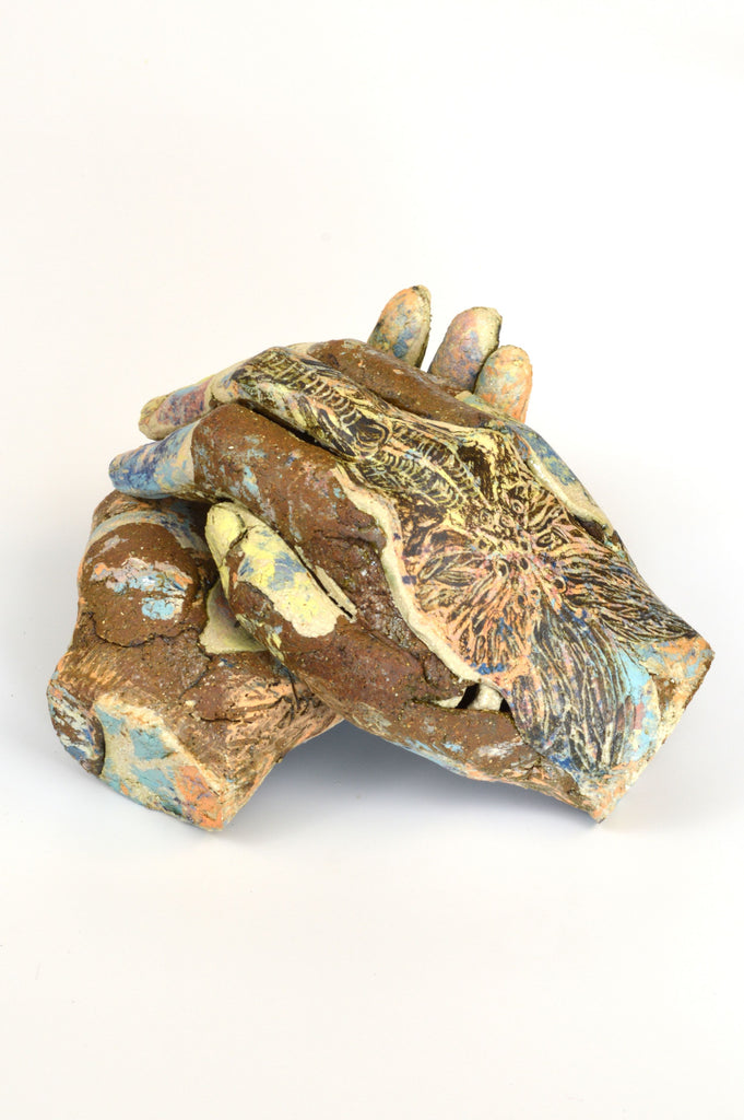 Helen Nottage 'Hands - Aconite Print' stoneware, terracotta crank, Earthstone Original with slips, oxides and clear glaze 10x16x14cm