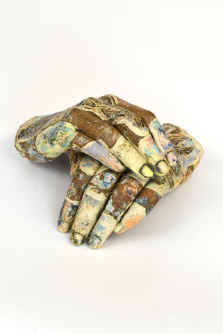 Helen Nottage 'Hands - Aconite Print' stoneware, terracotta crank, Earthstone Original with slips, oxides and clear glaze 10x16x14cm