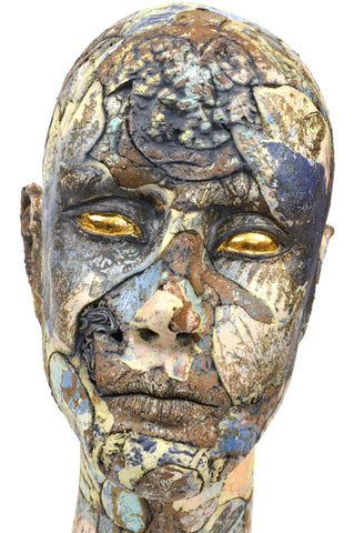 Helen Nottage 'Persephone Head' stoneware, terracotta crank, Earthstone Original with slips, oxides, clear glaze and gold lustre 31x16x21cm