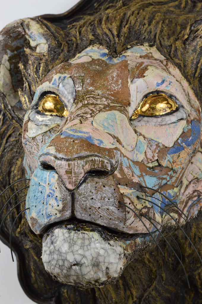 Helen Nottage 'The Nemean Lion' stoneware, terracottta crank, earthstone original with slips, oxides, clear glaze and gold lustre 56x42x30cm