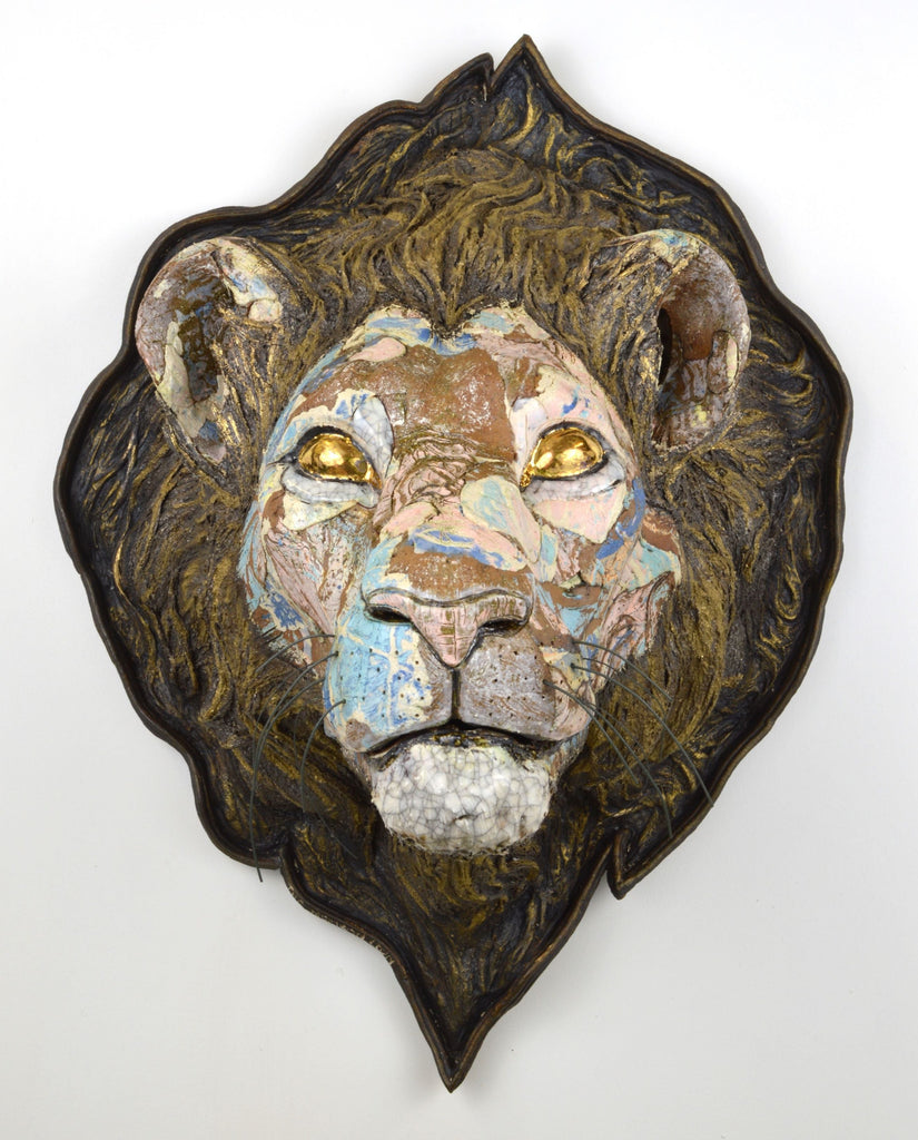Helen Nottage 'The Nemean Lion' stoneware, terracottta crank, earthstone original with slips, oxides, clear glaze and gold lustre 56x42x30cm