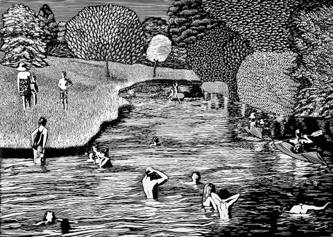 Jenny Dingwall 'Swimming in Clear Waters' linocut 42x29cm (unframed)
