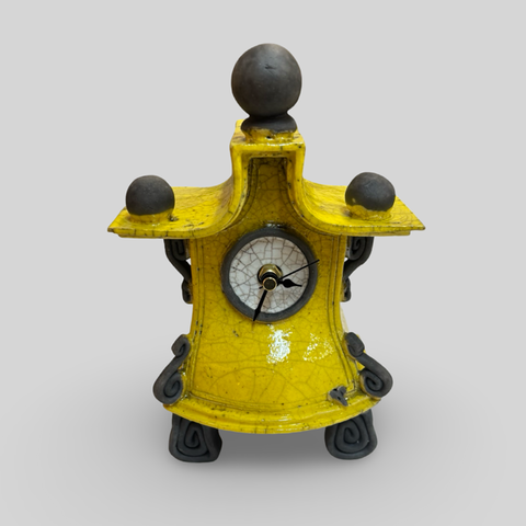 Ian Roberts 'Mantel Clock' (yellow) ceramic H22xW15xD9cm