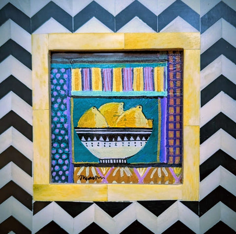 Jenny Martin RSW 'Tiny Jewelled Painting - Bowl of Lemons' mixed media on board 13x13cm (18x18cm framed)