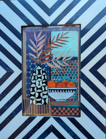 Jenny Martin RSW 'Tiny Jewelled Painting - Ferns and Oranges' mixed media on board 15x10cm (22x17cm framed)