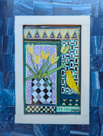 Jenny Martin RSW 'Tiny Jewelled Painting - Yellow Tulips' mixed media on board 15x10cm (22x17cm framed)