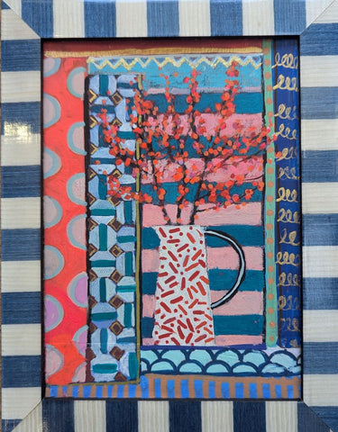 Jenny Martin RSW 'Tiny Jewelled Painting - Red and Pink Berries' mixed media on board 18x13cm (23x18cm framed)