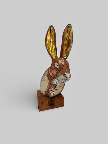 Jack Durling 'South Downs Hare, Basking' (large) stoneware, gold lustre and yew wood base