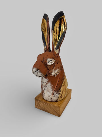 Jack Durling 'South Downs Hare, Basking' (small) stoneware, gold lustre and oak wood base