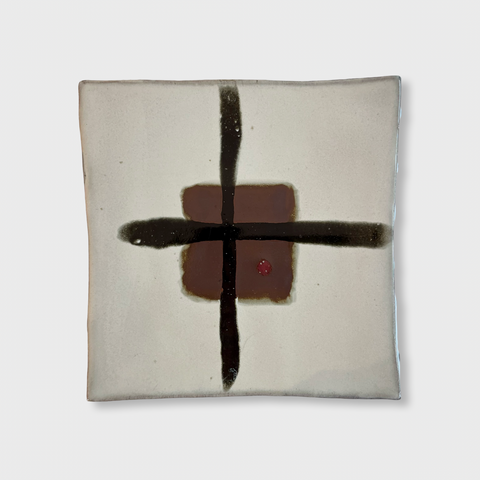 James Hake ‘Square Plate on Raised Feet (21)’ ceramic with Nuka and Tenmoku glazes H9cm x W36cm x D37cm