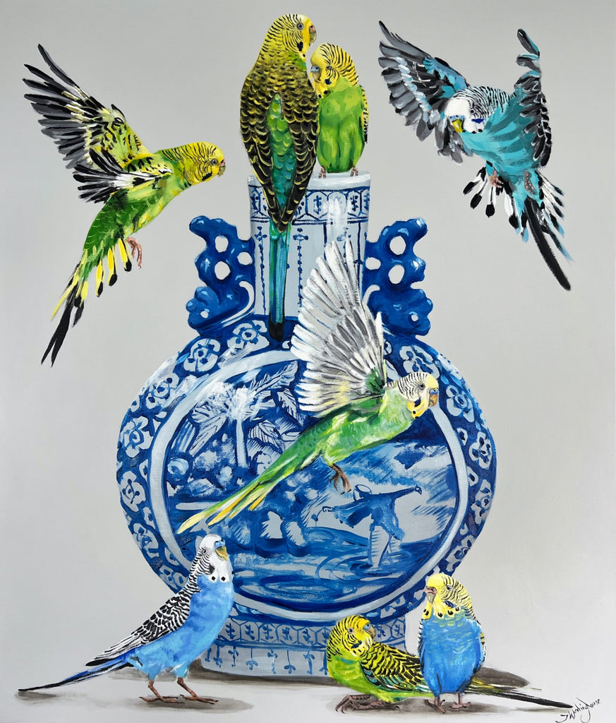 Jazzy Westinghouse 'Budgerigars'  oil on canvas, available to purchase at Iona House Gallery in-store and online.