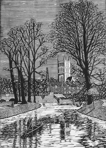 Jenny Dingwall 'Punter on the Cam, Cambridge' linocut 29.7x42cm