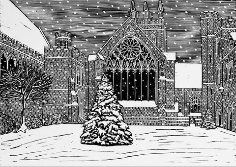 Jenny Dingwall 'Snowfall on Merton College, Oxford' linocut 42x29.7cm (unframed)