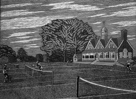 Jenny Dingwall 'Tennis at South Parks, Oxford' linocut 42x29.7cm (unframed)