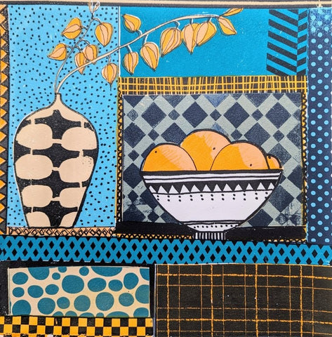 Jenny Martin RSW 'Arrangement in Teal and Orange' screenprint 28.5x28.5cm (mounted, unframed)