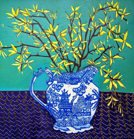 Jenny Martin RSW 'Forsythia in a Delft Jug' linocut print 30x30cm (mounted, unframed)