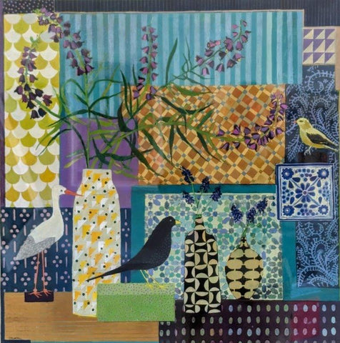Jenny Martin RSW 'Fritillaria and Birds' mixed media 55x55cm