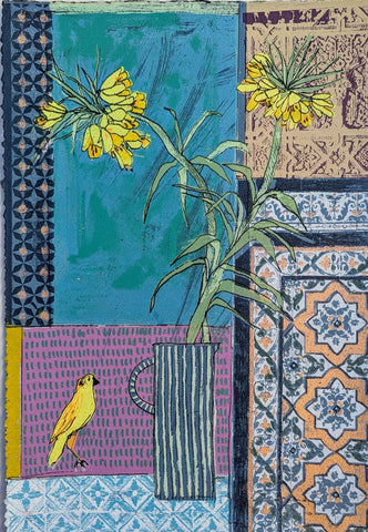 Jenny Martin RSW 'Fritillaries and Bird' screenprint (mounted, unframed) 41x28cm