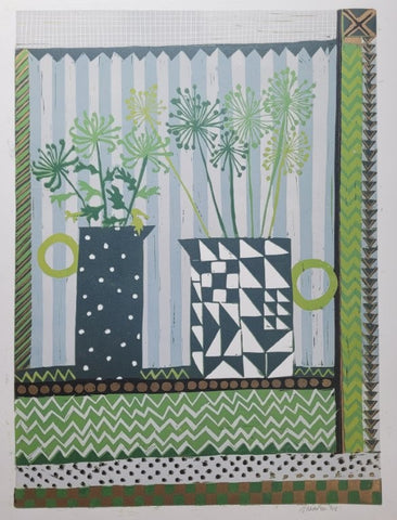 Jenny Martin RSW 'Green Chrysanthemums' linocut print 40x30cm (mounted, unframed)