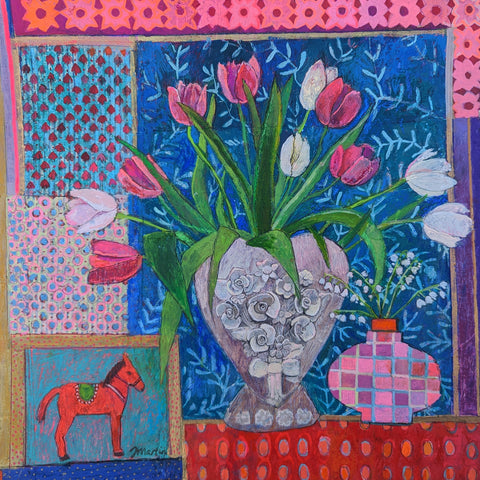 Jenny Martin RSW 'Hearts and Flowers' mixed media on board 38x38cm (framed 58x58cm)