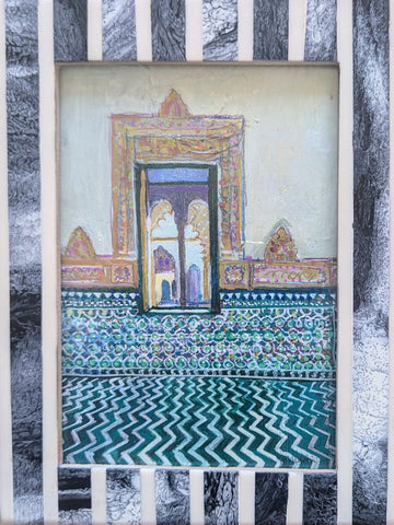 Jenny Martin RSW 'Tiny Jewelled Painting - Alcazar Window' mixed media 18x13cm (23x18cm framed)