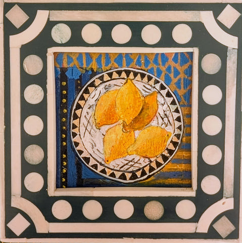 Jenny Martin RSW 'Tiny Jewelled Painting - Bowl of Lemons' mixed media 13x13cm(19x19cm framed)