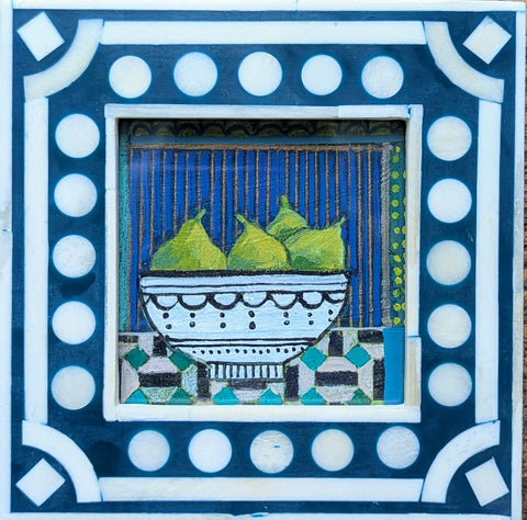 Jenny Martin RSW 'Tiny Jewelled Painting - Bowl of Pears' mixed media 10x10cm (16x16cm framed)