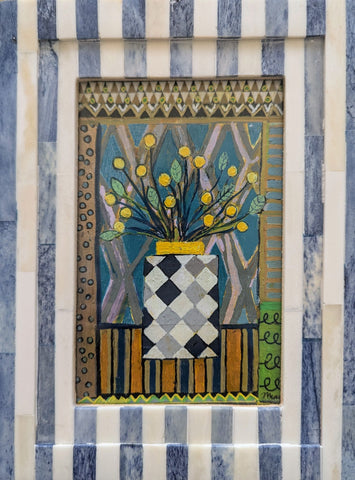 Jenny Martin RSW 'Tiny Jewelled Painting - Checked Vase' mixed media 15x10cm (22x17 framed)