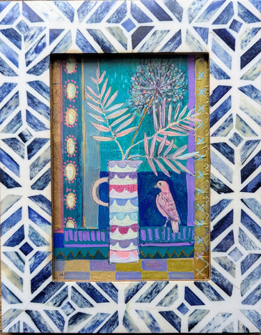 Jenny Martin RSW 'Tiny Jewelled Painting - Pink Ferns' mixed media 18x13cm (25x19cm framed)