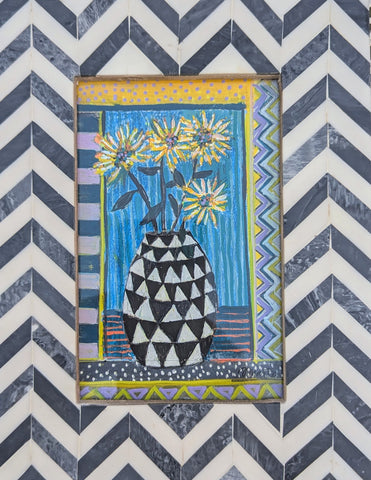 Jenny Martin RSW 'Tiny Jewelled Painting - Sunflowers' mixed media 15x10cm (20x15cm framed)
