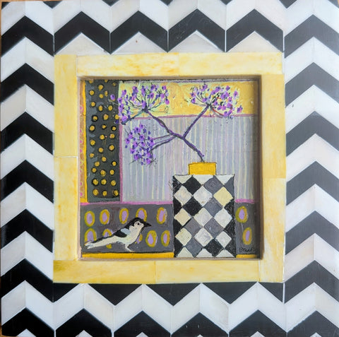 Jenny Martin RSW 'Tiny Jewelled Painting - Wagtail and Vase' mixed media 10x10cm (16x16cm framed)