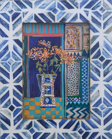 Jenny Martin RSW 'Tiny Jewelled Painting - Chrysanths' mixed media on board 18x13cm (23x18cm framed)