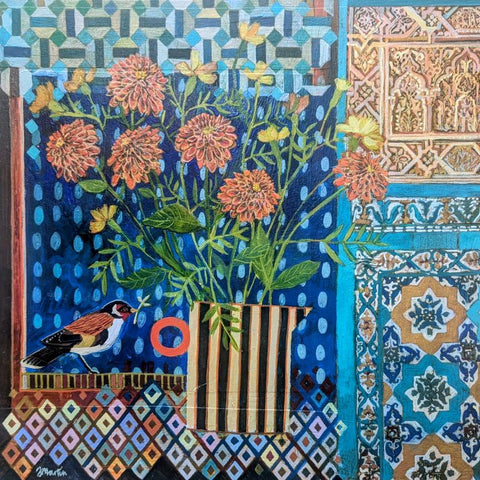 Jenny Martin RSW 'Dahlias and Goldfinch' mixed media on board 38x38cm (51x51cm framed)