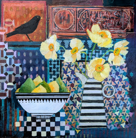 Jenny Martin 'Fruit Bowl and Flowers' mixed media 38x38cm (55x55cm framed)
