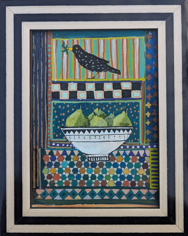 Jenny Martin RSW 'Tiny Jewelled Painting - Pears and Starling' mixed media on board 18x13cm (23x18cm framed)