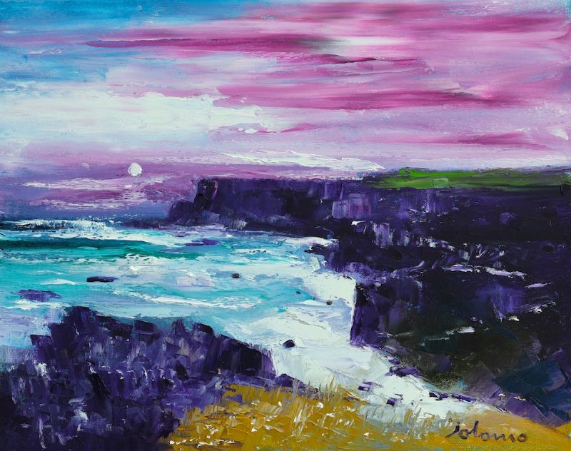 Painting of a coastal landscape with purple and pink skies and rocky cliffs.