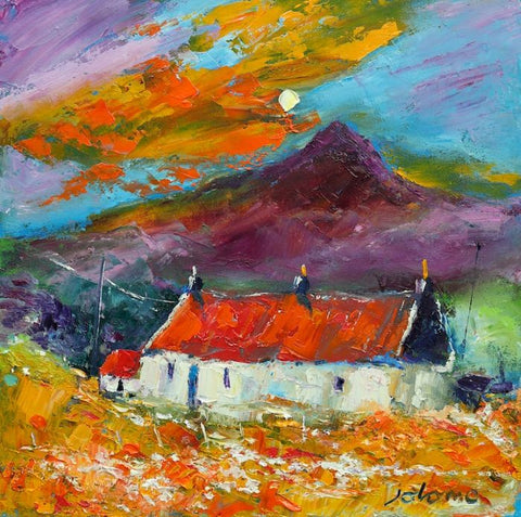 John Lowrie Morrison OBE (Jolomo) 'A Ruined Crofthouse, South Uist' oil on canvas 30.5x30.5cm (12x12ins)