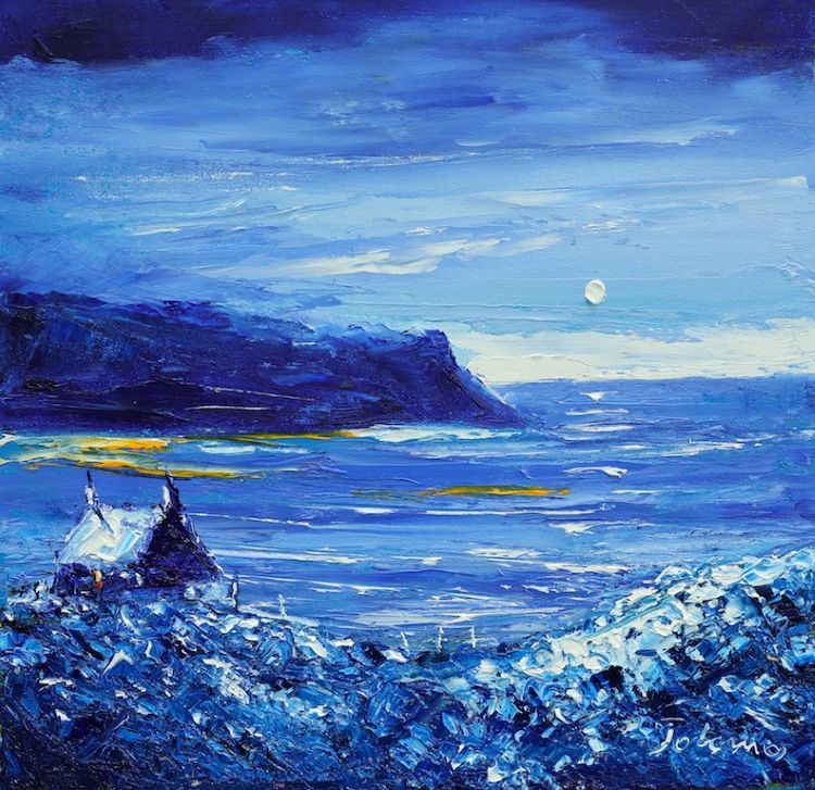 Painting of a coastal scene with cliffs and a moonlit sky.