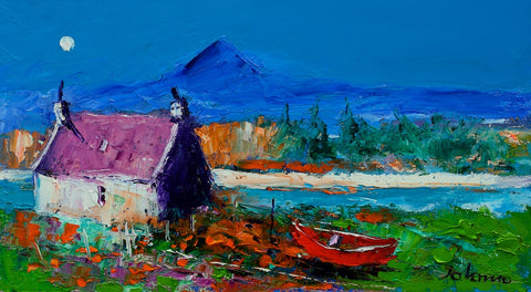 John Lowrie Morrison OBE 'On the shore, Isle of Harris' oil on canvas 25.5x46cm (10x18ins)