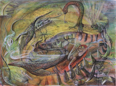 Julia Sorrell 'Jonah and the Whale' pen & ink, watercolour, gouache and pastel, crayon on paper 48x63cm