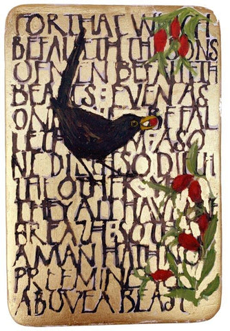 Julie Goring 'All One Breath Series - Blackbird' acrylic & gold leaf on board 16.3x9cm (26x21cm framed)